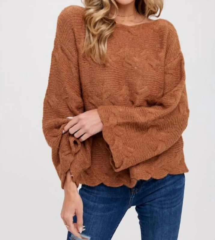 Boat Neck Cable Knit In Brown