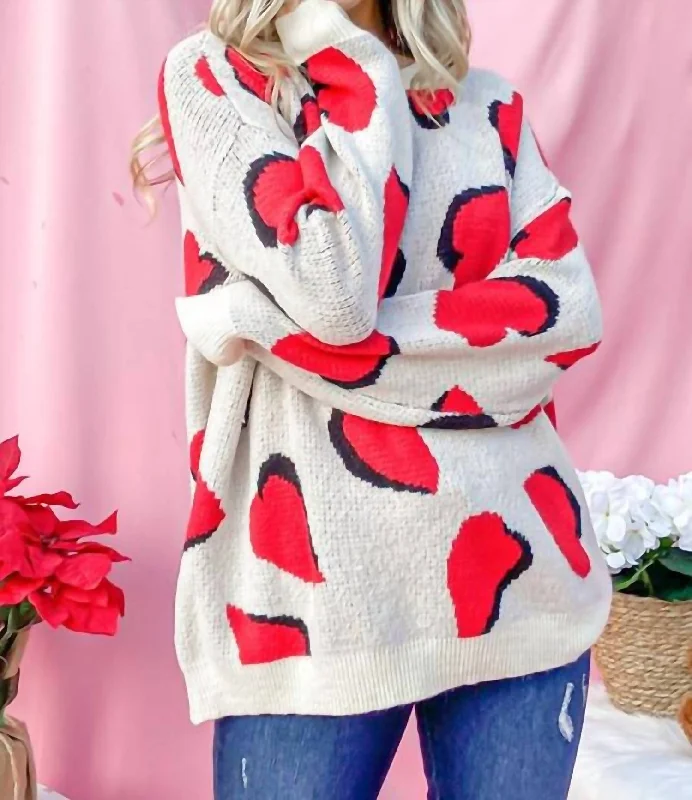 Heart Pattern Knit Sweater Top In Red