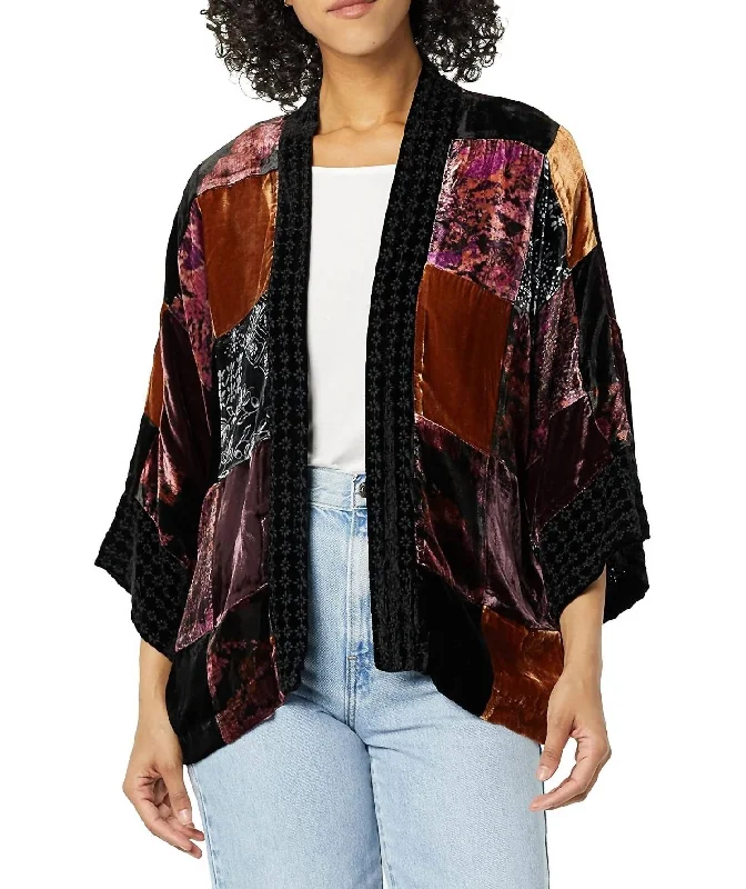 Patchwork Velvet Cropped Kimono In Multi