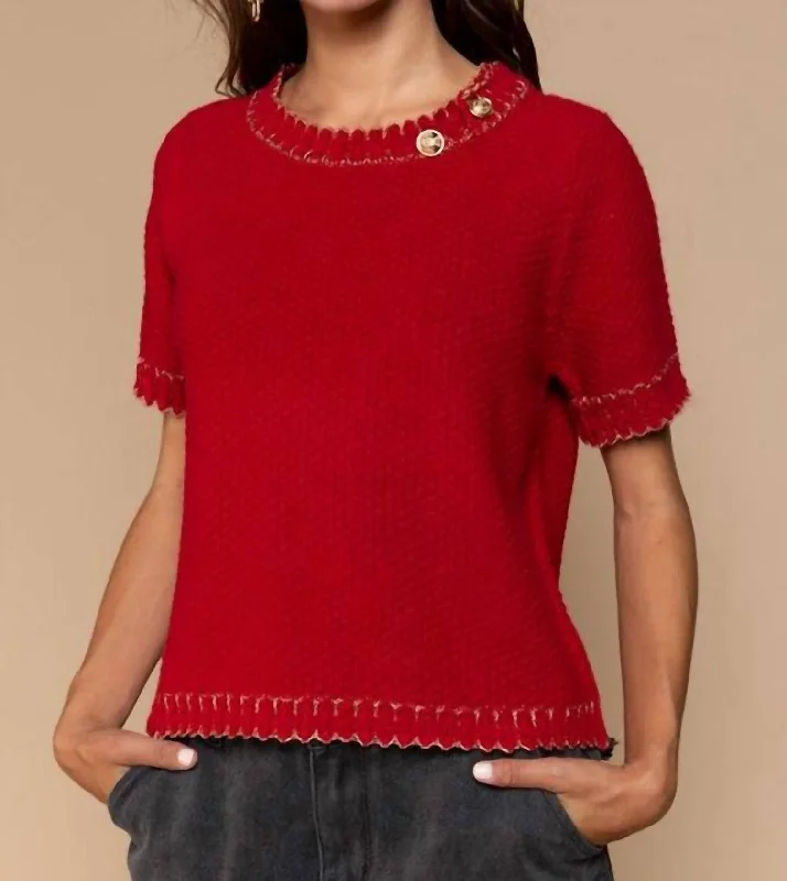 Round Neck With Gold Button Detail Sweater In Ruby