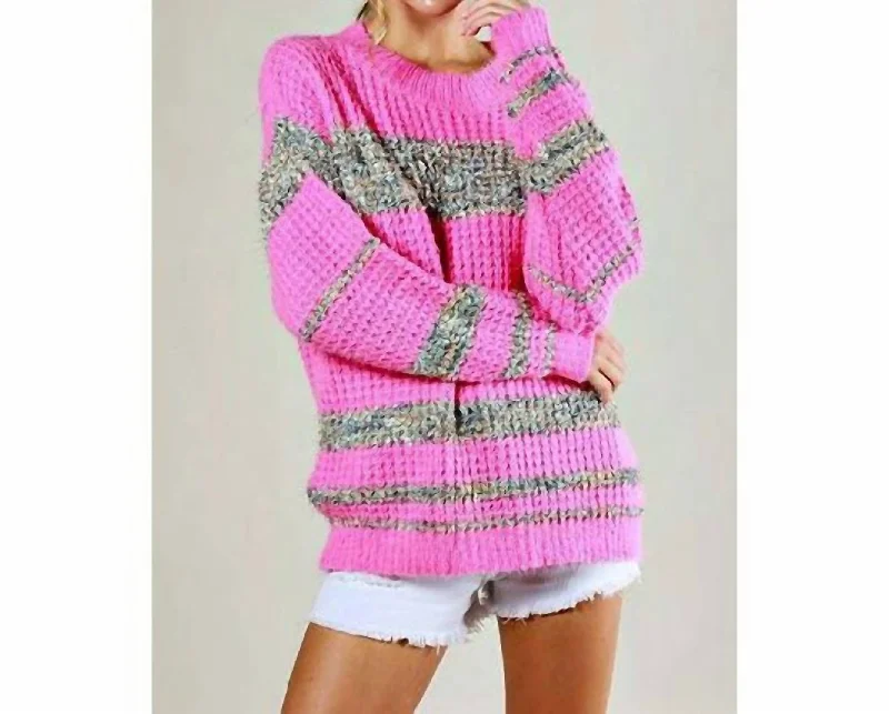 Texture Sweater With Tweed Color Block In Pink