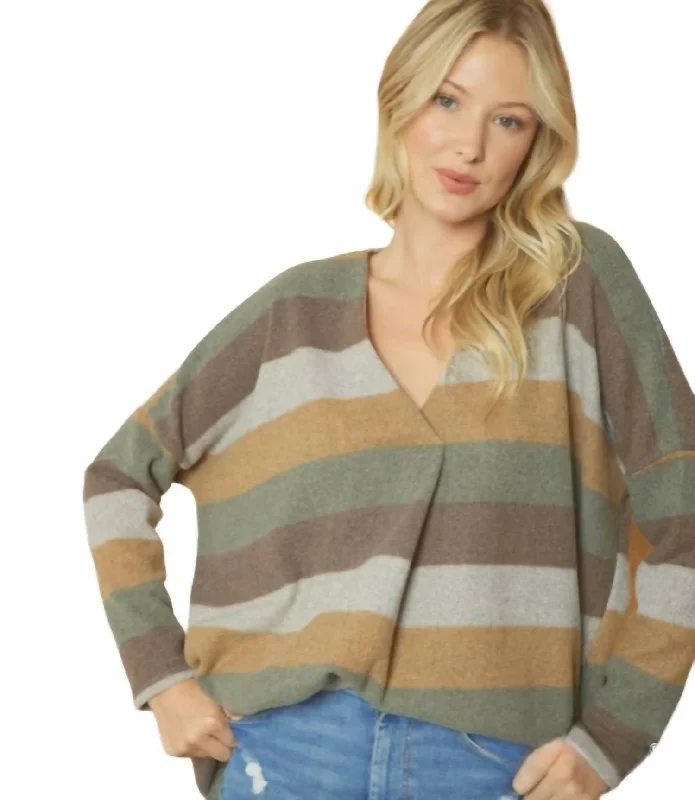 Vneck Front Placket Striped Sweater In Multi