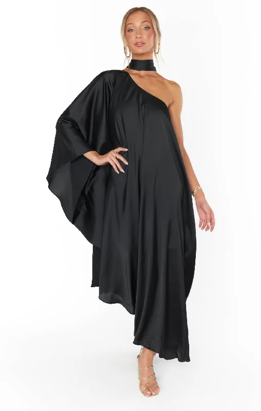 Rhea One Shoulder Dress ~ Black Luxe Satin