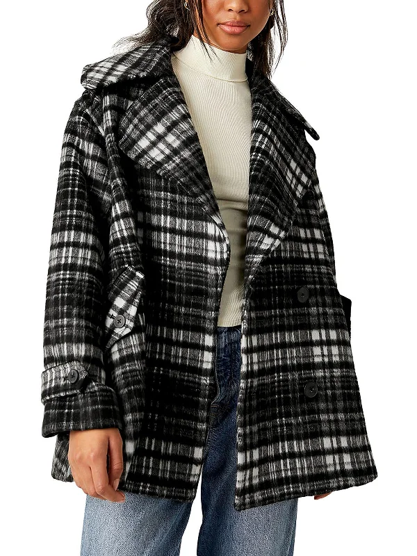 Highlands Womens Wool Blend Plaid Pea Coat