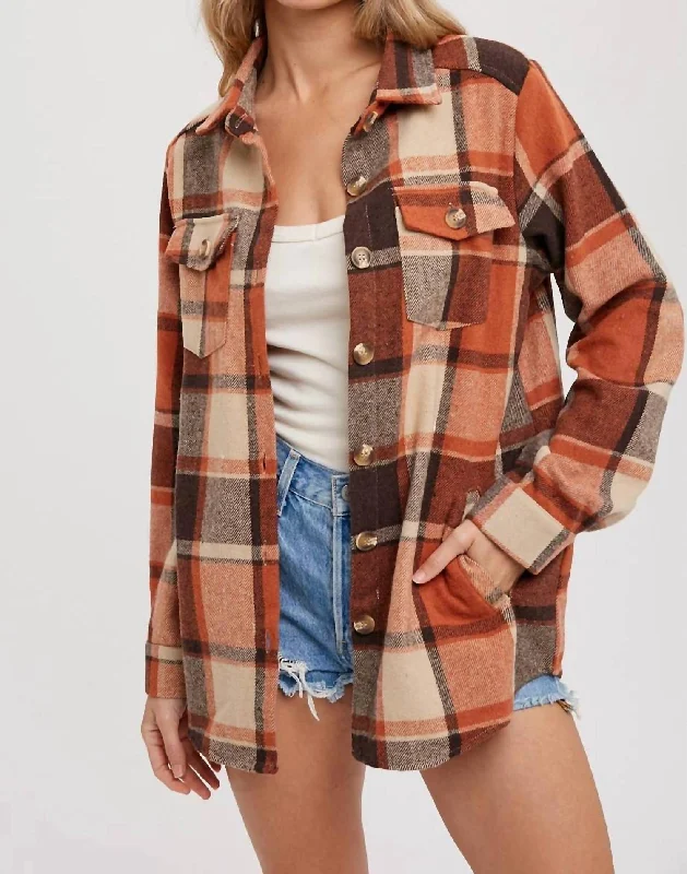 Long Sleeves Flannel Plaid Shacket With Pockets In Taupe Plaid