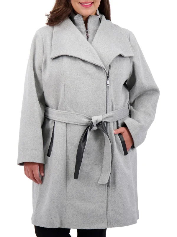 Plus Womens Wool Blend Midi Wrap Coat