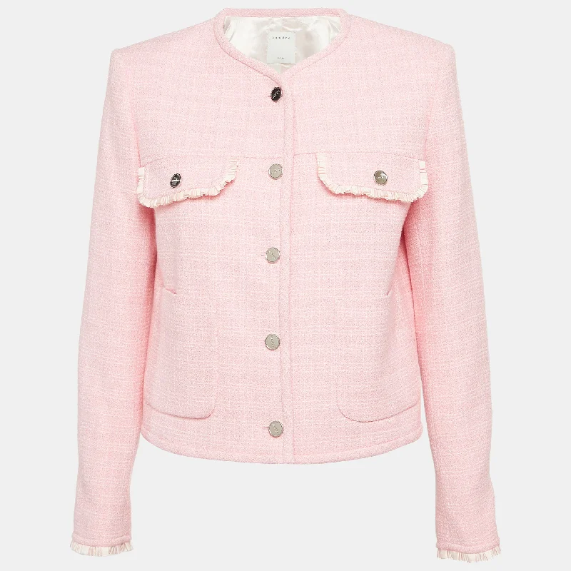 Sandro Pink Tweed Button Front Ruffled Jacket