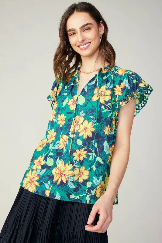 Botanical Print Eyelet Blouse