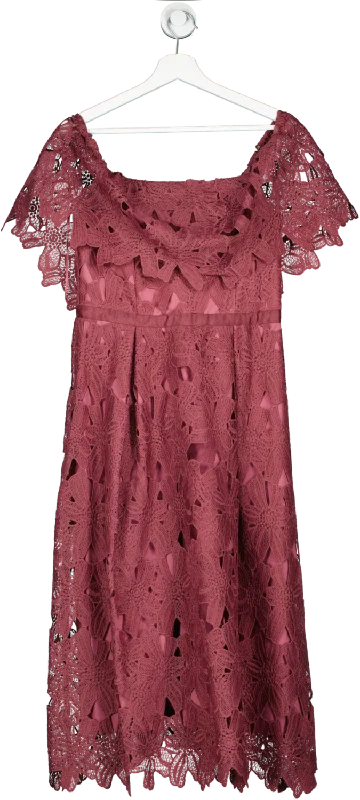 dorothy perkins Luxe Lable Plum Pink Guipure Lace Bardot Midi Dress BNWT UK 12