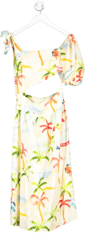 Farm Rio Yellow Copabacana Palm Tree Print Cut Out Midi Dress UK XS