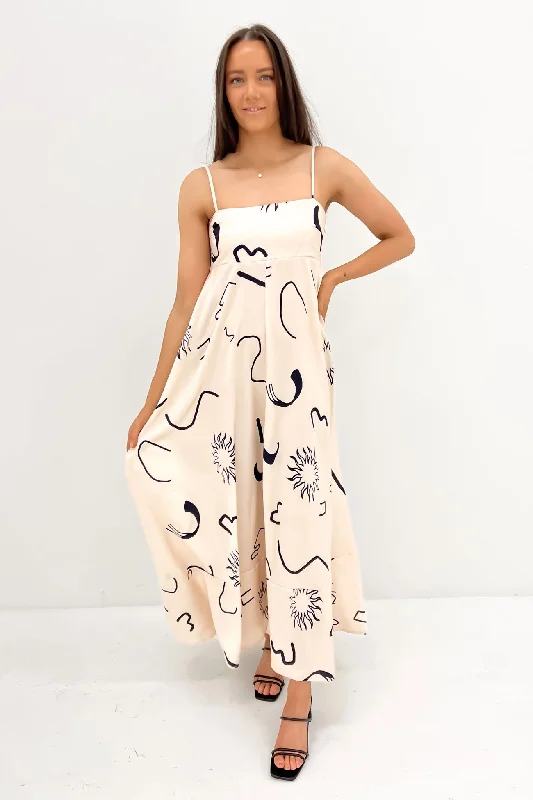 Riley Maxi Dress Beige Black Sun Swirl