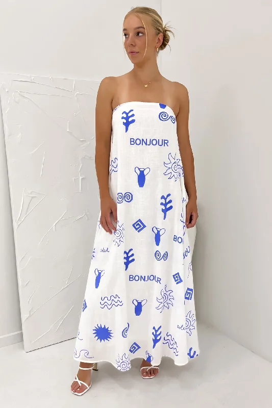 Sloane Maxi Dress White Blue Bonjour