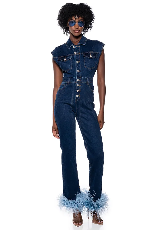 SANDY SLEEVELESS DENIM FEATHER TRIM JUMPSUIT