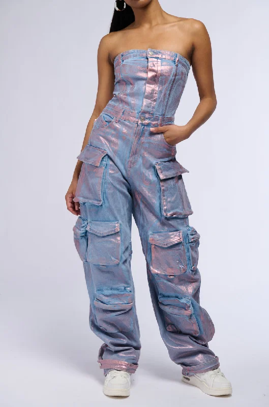 STAR OF THE SHOW METALLIC DENIM JUMPSUIT IN ROSE GOLD