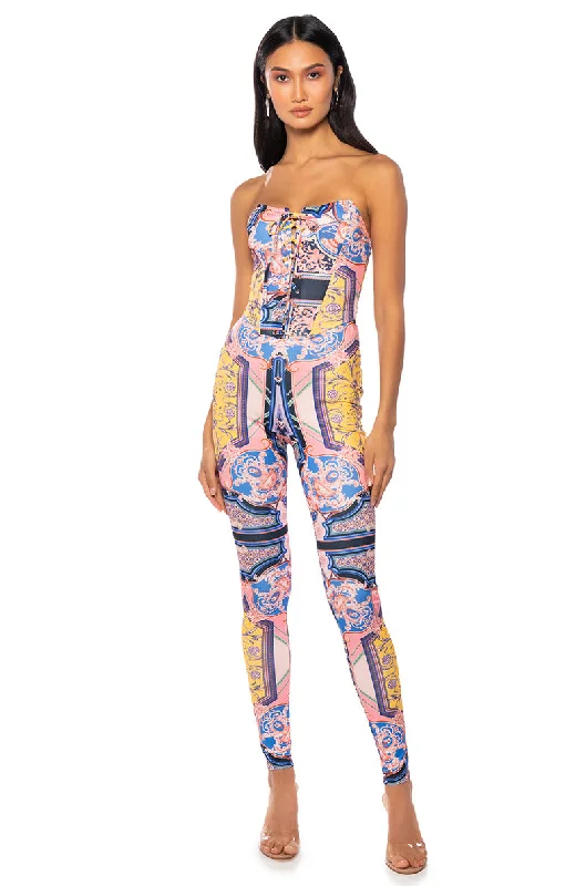 UNMATCHED PATTERNED CORSET JUMPSUIT